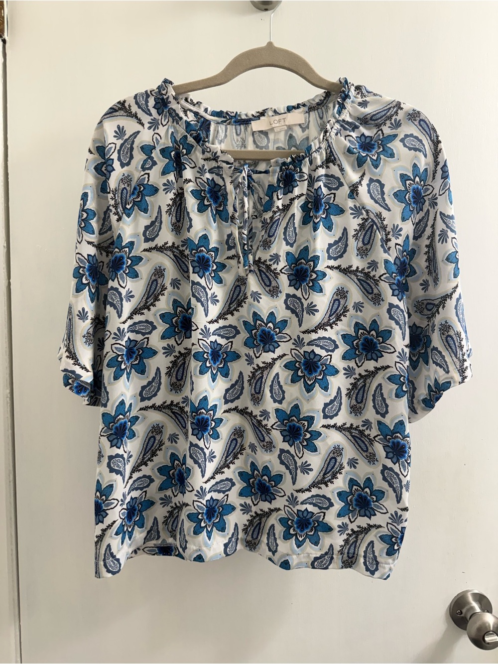 Loft white, blue paisley blouse size large